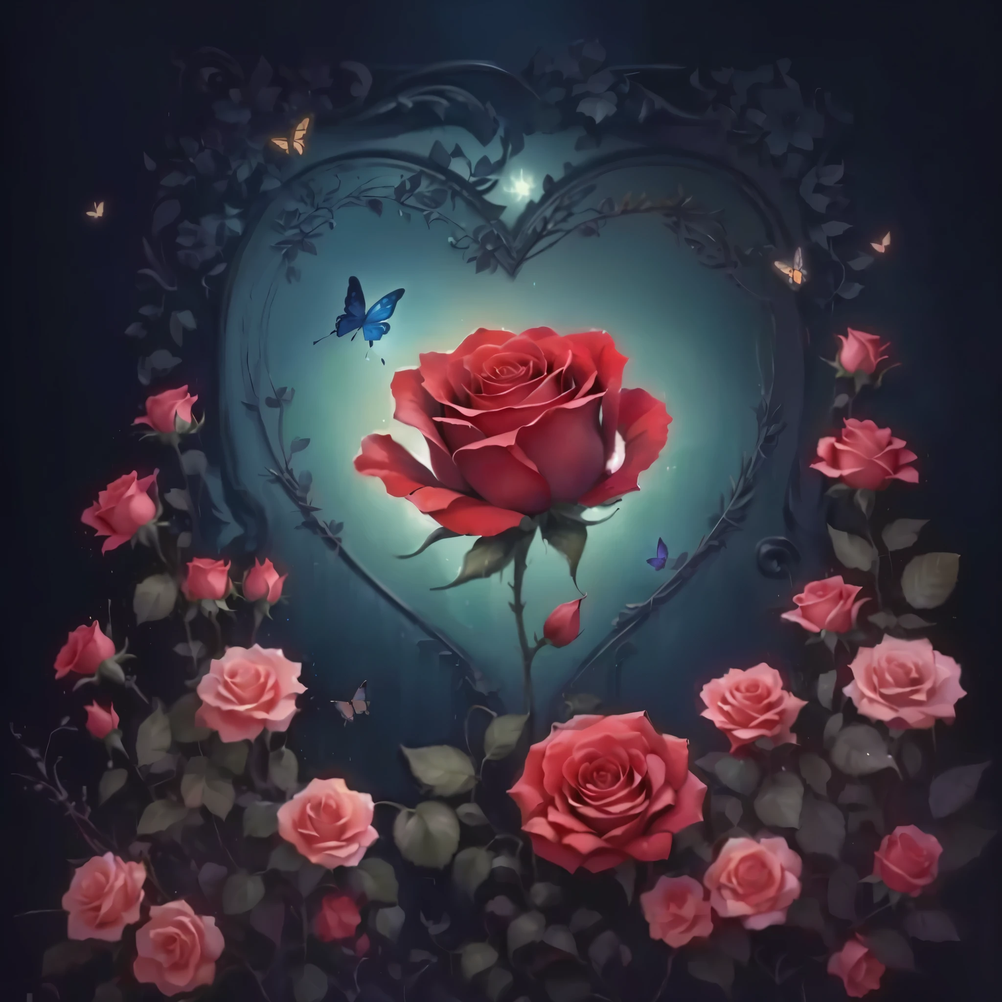 roses and butterflies in a heart-shaped frame with a butterfly, Very beautiful photo, Atmosphere of heavenly red flowers, Portal of roses, beautiful digital art, beautiful art, beautiful gorgeous digital art, good night, Rose background, artistic style of romanticism, Many birds and roses fly around, profile picture, very beautiful digital art, very very beautiful art, Beautiful, Sakimi