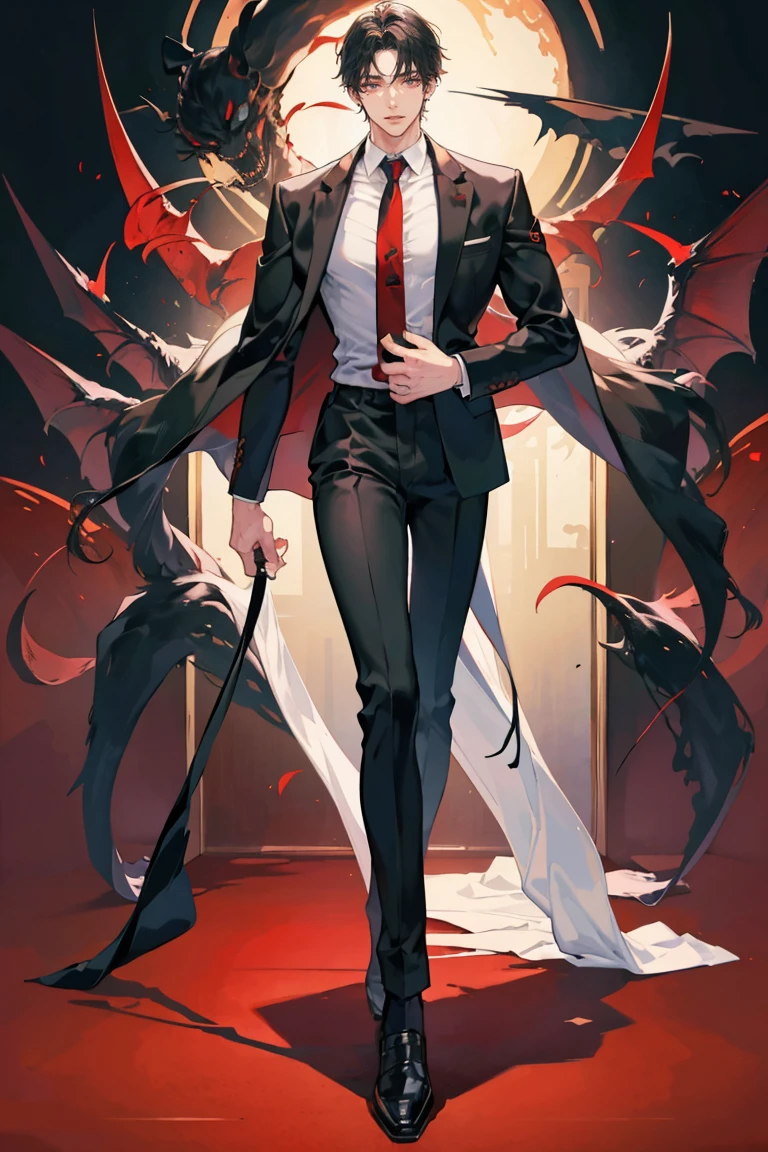 (masterpiece), best quality, seductive eyes, perfect face, handsome man, black eyes, red pupils, messy short length black hair, long red horn, brown skin, long nose, teacher uniform, black necktie, full body, he's a teacher, extremely tall man, long legs, long calves, anime cover, 1boy, ear piercings, adult-like look, manhwa character, male teacher, male demon, destroyed palace background