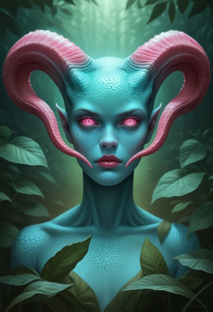A sweet kind previously unseen and unknown alien life form of a girl, a living being with transparent light blue skin with neon light green spots, bright pink neon veins and veins pulsating with neon light are visible through the transparent skin of the creature, a humanoid-type creature a girl with short dense legs and 4 long arms, the creature has two heads, both heads are different, the creature's head is covered with chrome scales, the creature has 2 branched horns on its head, the ends and edges of the branched horns shine and cast glare, the creature is very kind and beautiful, the creature has large blue faceted eyes of an oblong shape, a creature in a loincloth made of green leaves of an alien plant, small beautiful alien grow on the shoulders of the creature flowers, webbed feet on the legs, full posture, full body, a bizarrely shaped biomechanical spaceship of an alien creature is visible in the background 