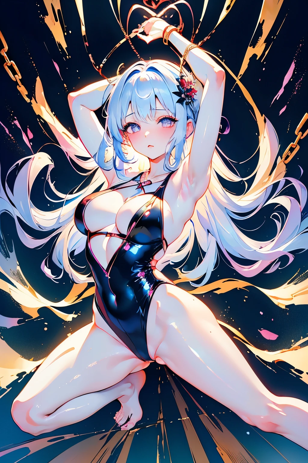 The erotic silver saint in a super high-cut, risqué slingshot and string swimsuit outfit has her hands raised, her legs spread wide, and is tied up with chains, suspended in mid-air, unable to move and feeling embarrassed.(((SFW、sound、Highest quality、first-class、masterpiece、Normal body、8k、Detailed face、Ultra-precision、Normal hand、Normal finger、5Finger、Highest)))、After repeated training, she has fallen into a state of pleasure and is always in heat, with her eyes turning into hearts.、Heart Eyes、180 degree split