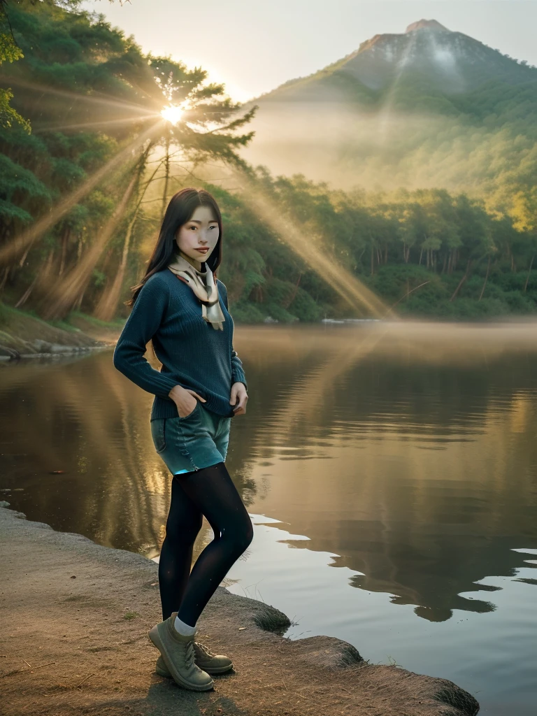 Professional photography of a Korean woman with long hair wearing a sweater and shorts, with a scarf around her neck, standing on the edge of a lake with a peaceful forest view in the morning. The sunlight penetrates the dense canopy of trees, casting a golden glow that illuminates the misty atmosphere. The warm orange sunlight radiates beautifully from the sun hidden behind the dense trees, reflecting off the calm waters below, creating a mirror effect. The mountain with its lush green trees stands tall and majestic from a distance, charming pose
