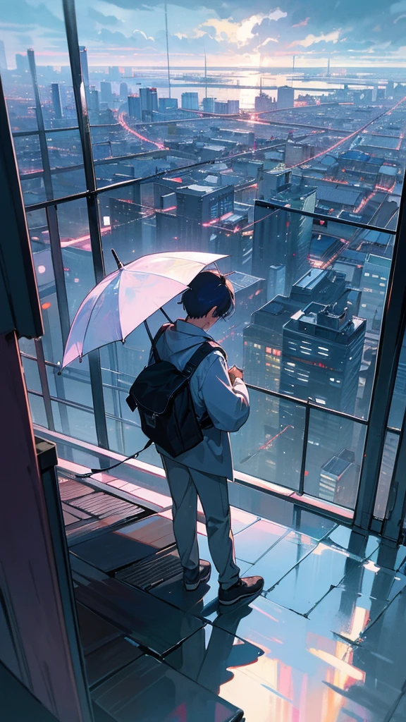A young man is looking at the cityscape from the rooftop of a building under a rainy sky. An illustration resembling an 80s anime. The sky is reflected in a puddle,(beatquality 1.4),(detail1.4),(Masterpiece1.4)