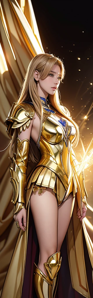 As it is,((8k, masterpiece, RAW Photos, Highest quality, Realistic, 8kを融合した高精細CG)),Attractive Russian Model、, Full Body Shot、Nata Lee, Light blonde hair, （Close-up of a woman in golden armor, 美しい模様のGold Armor, Sailor Galaxia, God Emperor of Mankind, 黄Gold Armor, Saint Seiya, Gold Paladin, Light Gold Armor, goddess, Gold Armorを着て, Wearing golden armor, Gold Armor, Wearing golden armor）, The goddesss of gold, charisma, Full-body model standing composition，The whole body shines like a diamond，Draw a gold bow