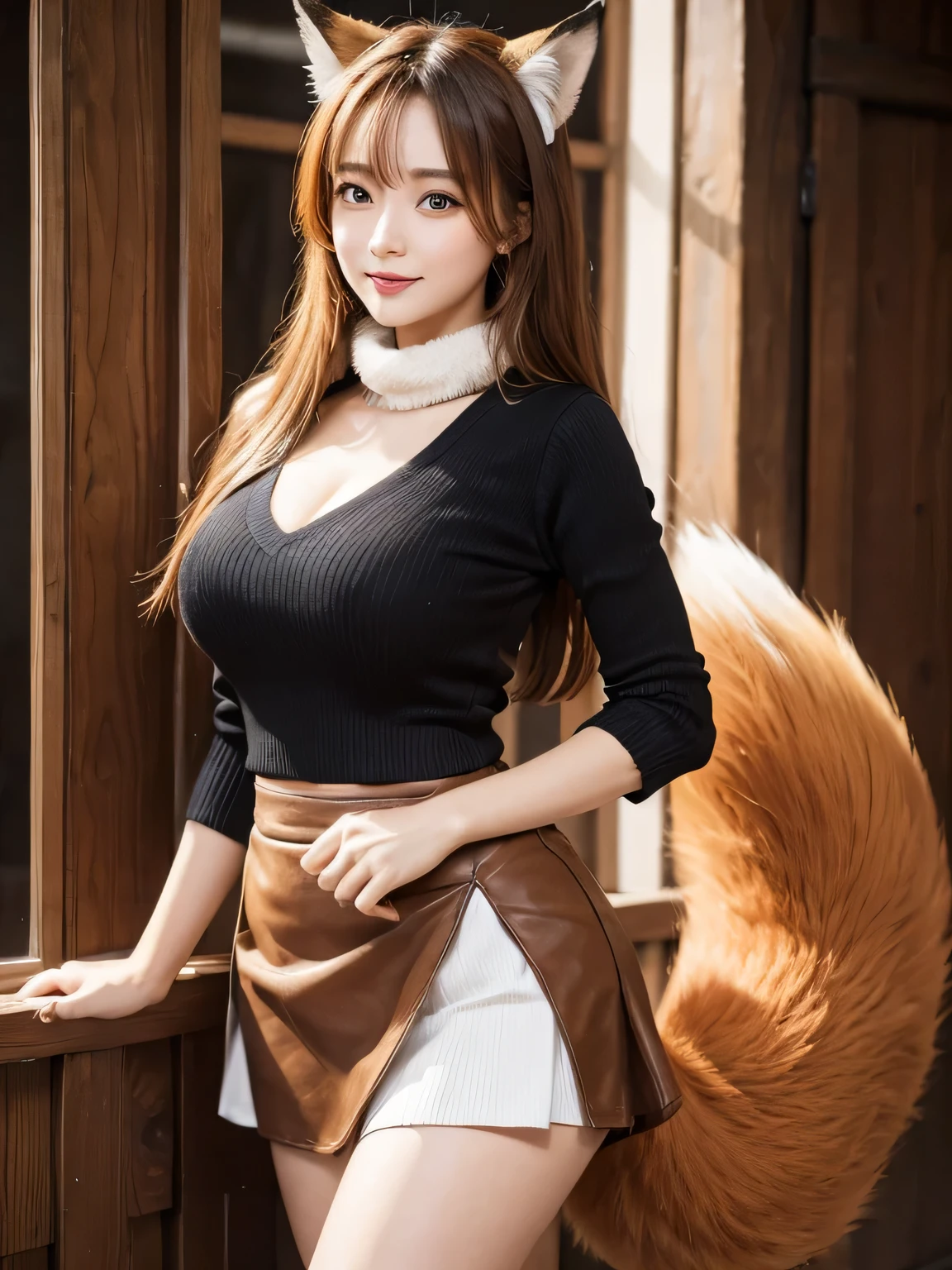 ((Highest quality, 8k)), ((masterpiece)), (Highest Resolution), Perfect Face, Fox Girl, high school girl, Beautiful woman, public, One tail, she has thick thighs, Big tail, She has an orange fox tail., She wags her tail, smile, Fur collar, She is wearing a short skirt, Beautiful Hips , Big Breasts, The skirt is rolled up at her tail