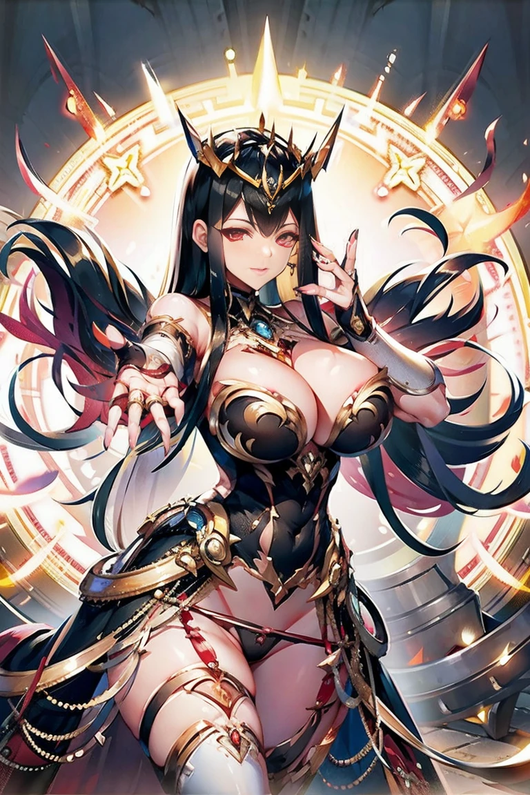 black hair, bare shoulder, red eyes, very long hair, cleavage, large breasts, dress, showgirl skirt, high-leg, cleavage cutout, tiara, bare thighs, gauntlets, bare shoulder, (((Correctly aligned fingers, extremely detailed hands and fingers, ultra detailed hands and fingers, super detailed hands and fingers, perfect female hands and fingers, biologically accurate hands and fingers, 4 fingers and 1thumb accurate hands and fingers, beautiful hands and fingers, hands and fingers drawing, human hand and fingers, perfect arrangement of fingers, detail focus hand))), adult face, fearless face, both arms, two arms, both hands, two hands, super fine illustration, masterpiece, masterwork, by famous artist, official art, ultra high res, best quality, high quality, Hand, detailed, perfect, perfection , hands, betterhand, both hands is Thumb and index finger and middle finger and ring finger and little finger, symmetrical hands, even hands, bare nails, bare fingers, (((panties))), good hands, best hands, rouge, Hand, detailed, perfect, perfection, hands,