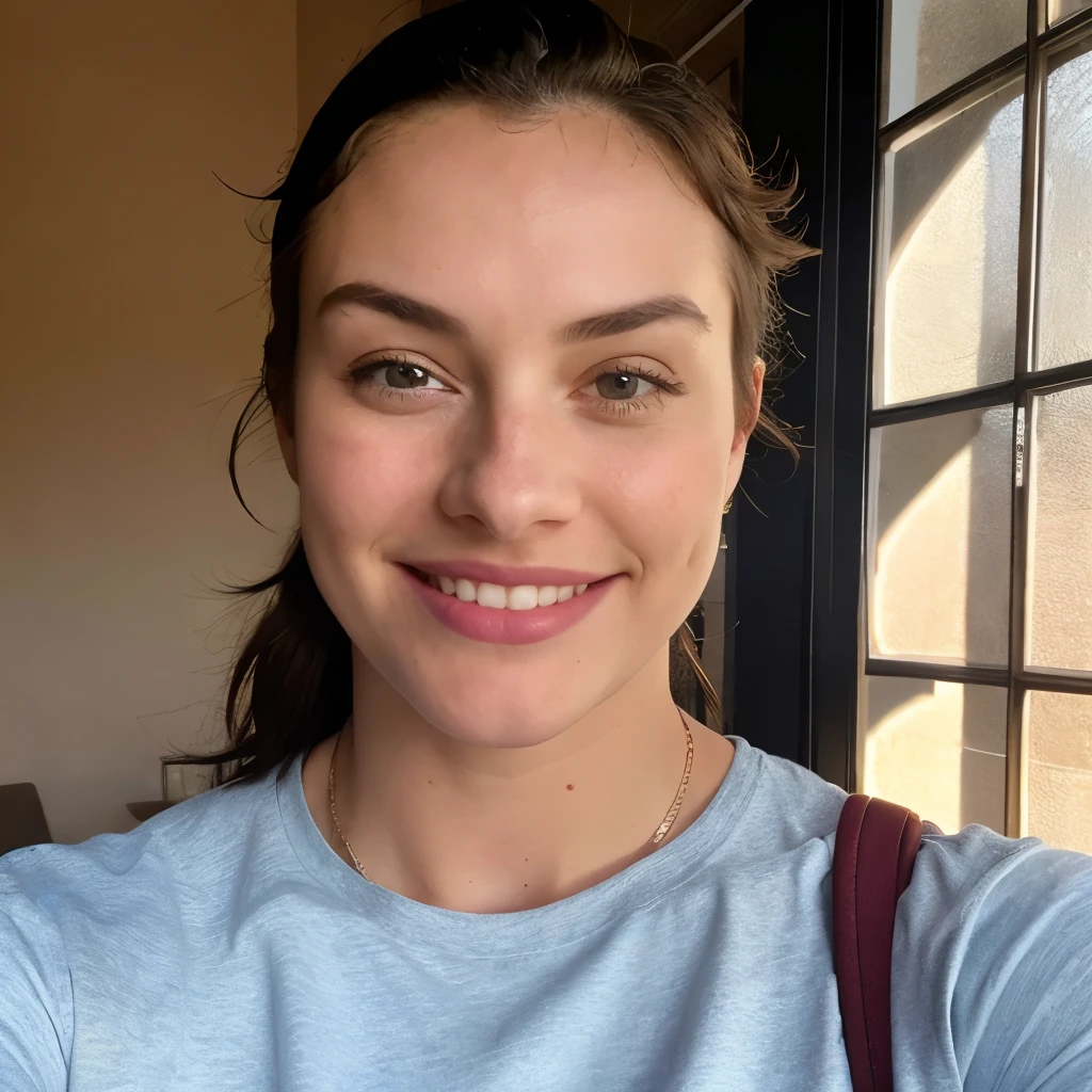 1 young 21 years ((upper body selfie, smiling)), masterpiece, best quality, ultra-detailed, restaurant, (noirte), nature, cheerful, happy, backpack, light blue closed-sleeved shirt, shadows, contrast, clear sky, style, (warm hue, warm tone: 1.2), close-up, cinematic light, side lighting, ultra high resolution, best shadow, RAW, face part of the body, serious look, big breasts, nipples popping from shirt, thin waist, 4k,