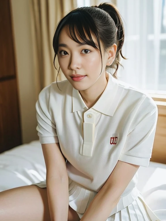 (Masterpiece, Best quality: 1.4), (Ultra realistic, Photo-realistic: 1.2), From above, From side, Sitting, Looking at viewer, Natural light, 28 years old actress, Japanese women, Neat and clean, ((Wearing white tennis uniform, White short-sleeve polo shirt with collar, Not buttoning the polo shirt, White pleated tennis skirt: 1.3)), (Wearing white sock: 1.2), (Ponytail: 1.2), (Beautiful face), Oval face, clear, Beautiful eyes, Kind eyes, Clear skin, Small face, Beautiful mouth, Small mouth, Natural makeup, Approachable, Seductive smile, (Seductive pose: 1.4), (Beautiful thighs: 1.2), (Bedroom eyes: 1.1), Embarrassed, Blush, Luxury hotel Suite room, On bed,