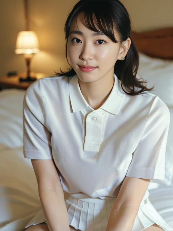 (Masterpiece, Best quality: 1.4), (Ultra realistic, Photo-realistic: 1.2), From above, From side, Sitting, Looking at viewer, Natural light, 28 years old actress, Japanese women, Neat and clean, ((Wearing white tennis uniform, White short-sleeve polo shirt with collar, Not buttoning the polo shirt, White pleated tennis skirt: 1.3)), (Wearing white sock: 1.2), (Ponytail: 1.2), (Beautiful face), Oval face, clear, Beautiful eyes, Kind eyes, Clear skin, Small face, Beautiful mouth, Small mouth, Natural makeup, Approachable, Seductive smile, (Seductive pose: 1.4), (Beautiful thighs: 1.2), (Bedroom eyes: 1.1), Embarrassed, Blush, Luxury hotel Suite room, On bed,