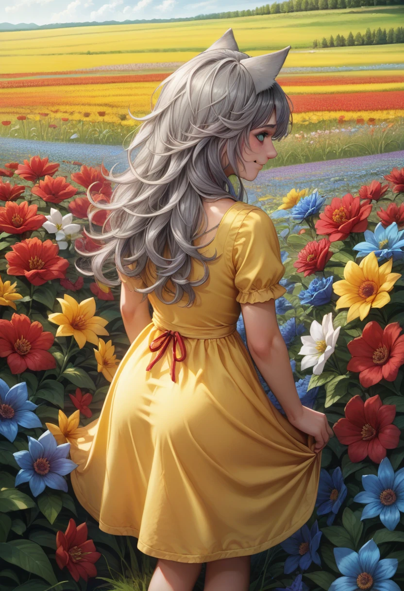 score_9, score_8_superior, score_7_superior, score_6_superior, detailed, Gray Hair, Long Hair, Messy Hair, ribbon, Outdoor, Cat ears, blue eyes, yellow sundress, Flowers, colorful Flowers, red Flowers, blue Flowers, Field, From behind, Recall, smile, blush