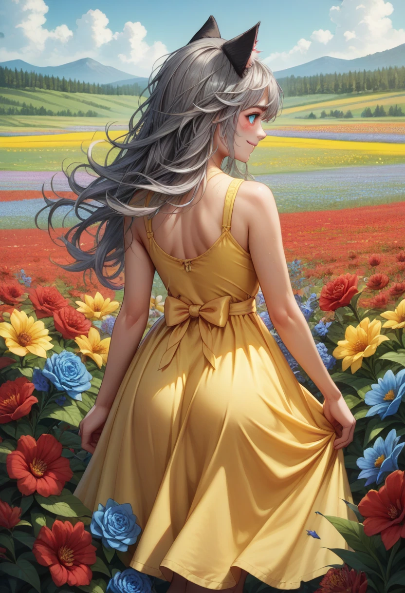 score_9, score_8_superior, score_7_superior, score_6_superior, detailed, Gray Hair, Long Hair, Messy Hair, ribbon, Outdoor, Cat ears, blue eyes, yellow sundress, Flowers, colorful Flowers, red Flowers, blue Flowers, Field, From behind, Recall, smile, blush