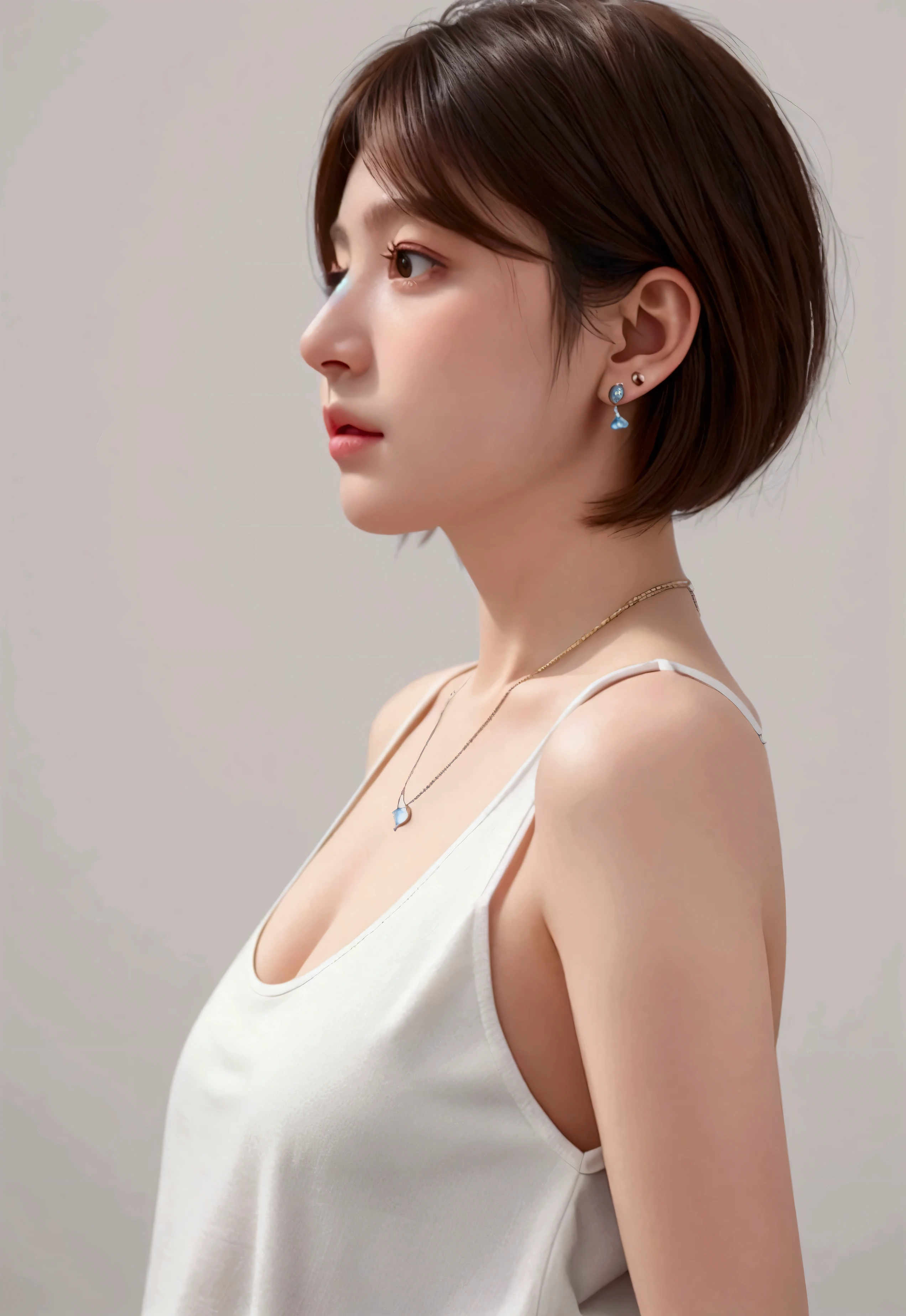 White concrete background、(8k、RAW Photos、Highest quality、masterpiece:1.2)、High-quality RAW color photos、Professional photos、(Realistic、フォトRealistic:1.37)、Photographed in natural light、1 girl,necklace、Pastel colored clothes、(Beautiful profile:1.3)、profile、Shortcuts、Looking into the camera、((Brown Hair)、short hair、Eye color is dark brown、(Beautiful profile:1.3)、Correct hand of human body、Simple Earrings Information