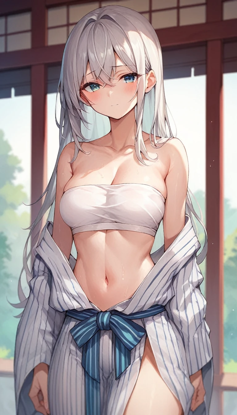 Adult female　beauty　yukata　tits　White tube top bra　White loin cloth　shrine , silver long hair 