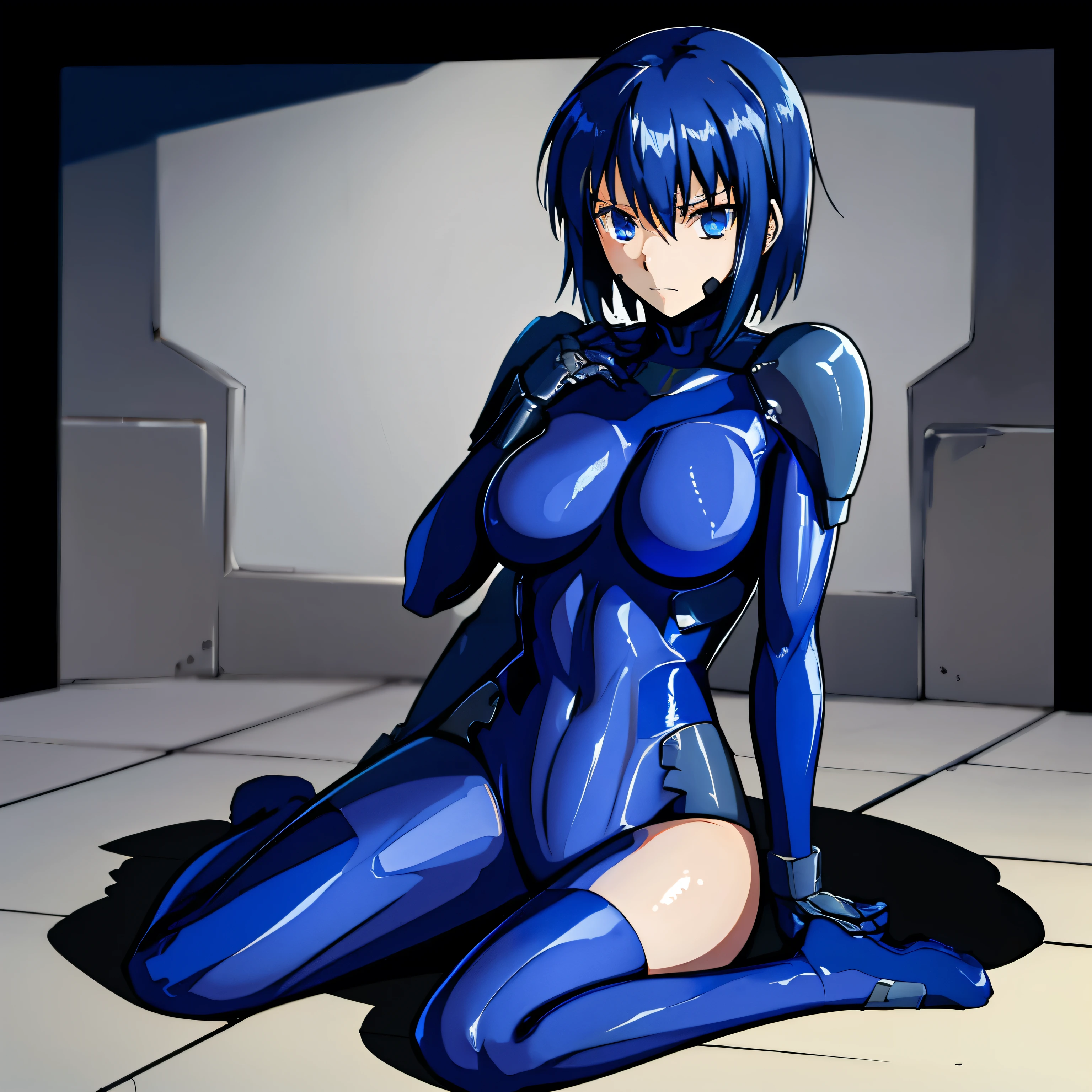 ultra-detailed, Explicit, Beautiful body, Beautiful Nose, Beautiful character design, perfect eyes, perfect face, ultra highres, 4K, beautiful legs, perfect legs, Nice hands, Perfect hand, Masterpiece, Best Quality, Highly detailed, illustration, absurdres, perfect anatomy, expressionless, blank eyes, emotionless,corruption, mind control, female combatant, full body, hypnotized, unhappy trance, full body suit, ribbed bodysuit, both arms at side, obey, perfect female body, looking at viewer, hypnosis, hypnoLora, empty eyes, Mind control device, poses, submissive_pose, Slave, Fighting Stance,numbersuit, two-tone bodysuit:0.9, blue bodysuit:0.9, light blue bodysuit:0.9, (((pixel-perfect, detail-perfect))) 1girl, solo, hair ornament, medium breast, ciel_(tsukihime), blue hair, blue eyes, short hair, 