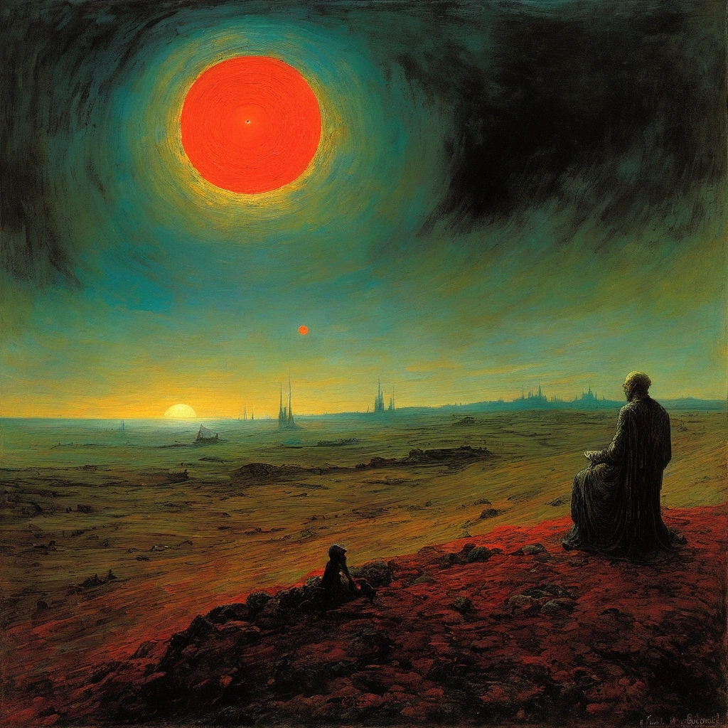 Mythical creatures, author：Zdzislaw Beksiński e Vincent van Gogh, Red moon and big eyeucha