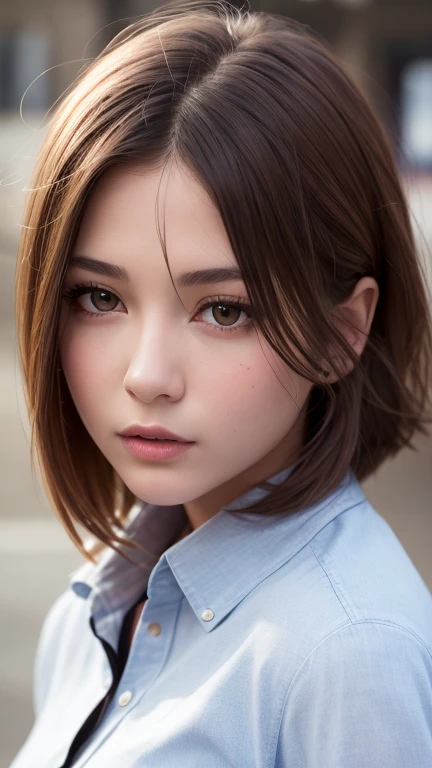 best quality, Ultra-high resolution, (Realistic:1.4), 1 girl, button shirt, Black skirt, School, Dark brown hair, breast, (blond:1.2), looking at the audience, (Highly detailed face:1.1),,  (pure face_v1:0.8),Tik Tok,  