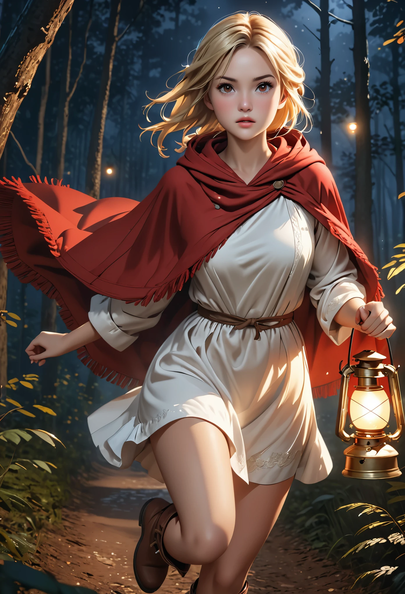 (young woman:1.5), (red poncho with hood, brown boots, white short satin dress), long blonde hair, brown eyes, (anxious), detailed skin texture, (realistic skin pores, skin impurities:1.4), running in a forest by night, she holds a lantern in her right hand, 24k resolution, highly detailed, (natural front light:0.5), (full body shot:1.3), (realistic style:1.5)