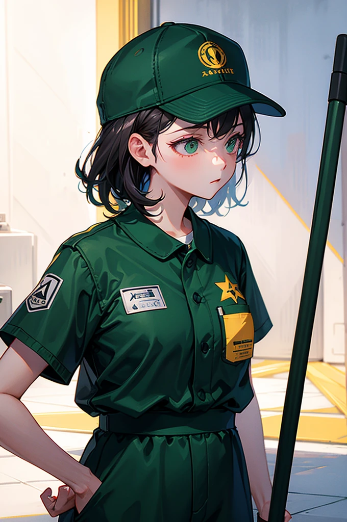 [[[[[1 female]]]]] Close up, only upper body visible, portrait, 1 female, janitor concept, janitor clothes, green clothes, jumpsuit, plain clothes, hat, wearing a baseball hat, looking bored, Holding a mop on the floor