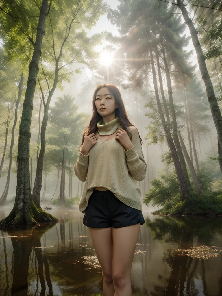 Professional photography of a Korean woman with long hair wearing a sweater and shorts, with a scarf around her neck, standing on the edge of a lake with a peaceful forest view in the morning. The sunlight penetrates the dense canopy of trees, casting a golden glow that illuminates the misty atmosphere. The warm orange sunlight radiates beautifully from the sun hidden behind the dense trees, reflecting off the calm waters below, creating a mirror effect. The mountain with its lush green trees stands tall and majestic from a distance, charming pose