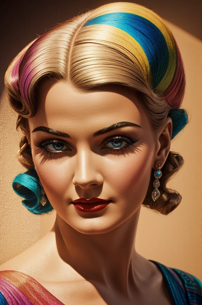 1930s woman with very colorful art deco style and hairstyle, photorealism, hyperrealistic, soft shadows , old image
