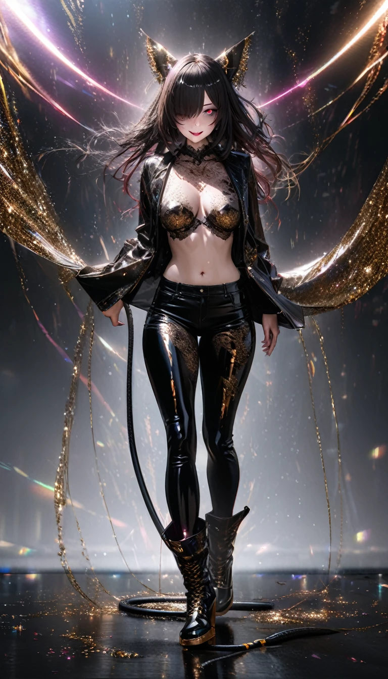 beautiful woman, yandere, hair over one eye, amorous and lewd face, sly, smirking, loud laughter, sadistic, dead eyes, bags under the eyes, makeup, covered in tattoos, shorts, heavy engineer boots, great proportion, gold thread, shiny black rubber, whip, background obscene space, shading effects, gradation magic effects, foggy filter effects, glitter effects, (ultra detailed, absolutely resolution, best quality:1.3), 2.5D, delicate and dynamic, artistic photography, hyper realistic, graphic CG digital art