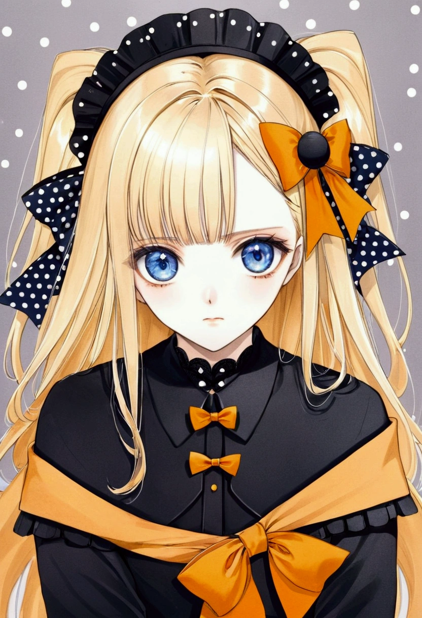 Fraction_9, Fraction_8_Direction_7_direction_6_up, 1 girl, solitary, Abigail Williams \(destiny\), bow, Blonde Hair, hair bow, black bow, blue eyes, shihakugan eyes, polka dot, Long hair, polka dot bow, Looking at the audience, have, parted Bangs, detailed complex background, Shut up, orange bow, Black headdress, Bangs, portrait, forehead, symbol, black skirt, multiple hair bows, skirt