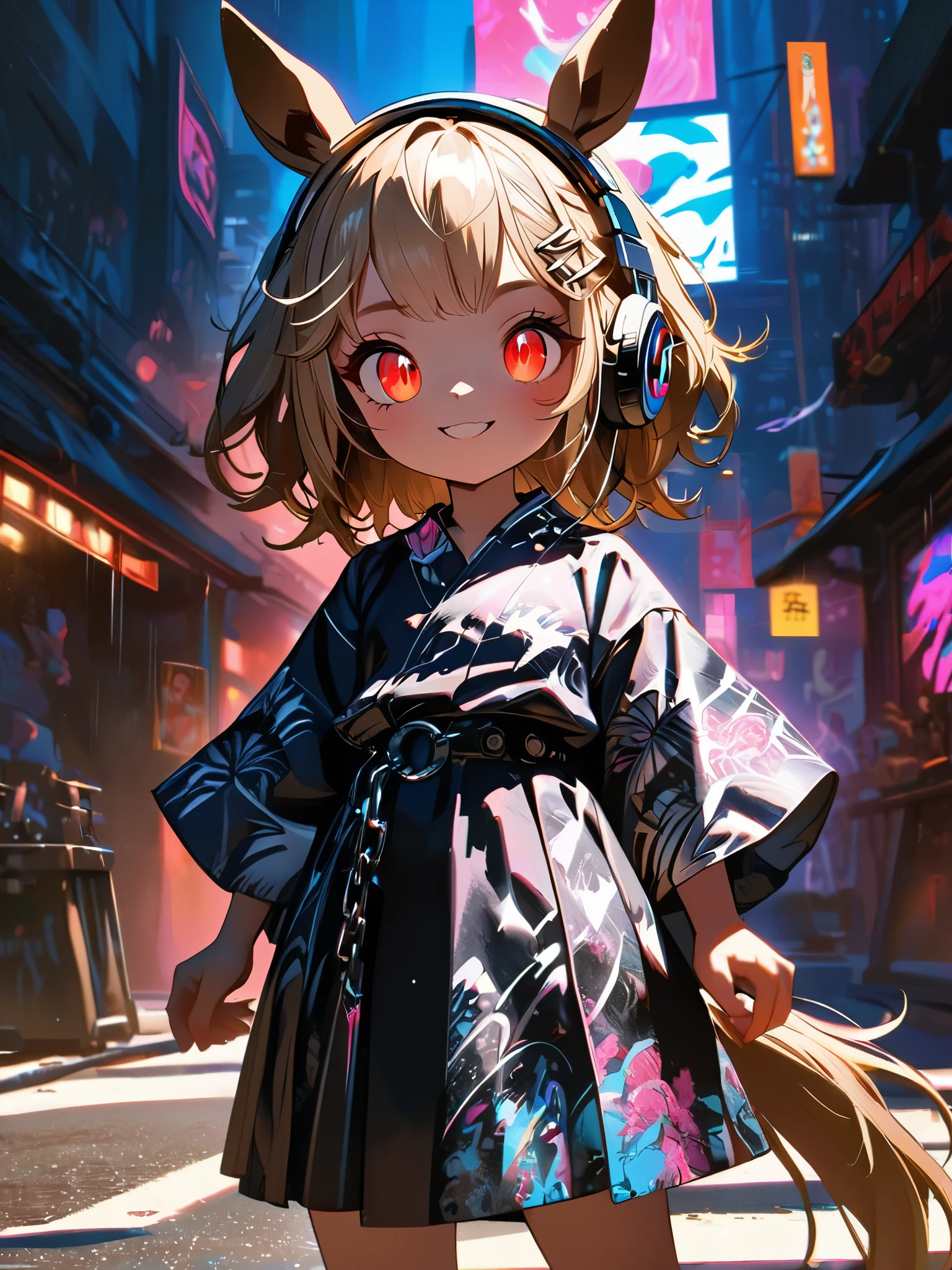 1 girl, chromatic aberration, Written boundary depth, Soft Light, masterpiece, Highest quality, complicated, Tone Mapping, Very detailed, Art Station, Concept Art, Smooth, Clear focus, Dramatic lighting, Very detailed artwork, movie, super practical painting, Art Station's trending, 8k, Incredible Shadows, practical, (Very detailed background:1.0), whole body, View, Viewers, Very detailed portrait of one girl 1, standing on street corner, Heavy rain and lightning、Dark Sky, neon and cyber punk background, she is dressed in punk clothing with silver chains and silver spikes, Her hair was dyed light brown.......,The middle part is black, She wears headphones, Detailed red eyes with clear pupils, Ominous aura of light, smile, punk, ciber punk, Backlight.Has horse ears、Has a horse tail,Approaching the horse.No headphones needed、More Horses.Wearing a yukata
