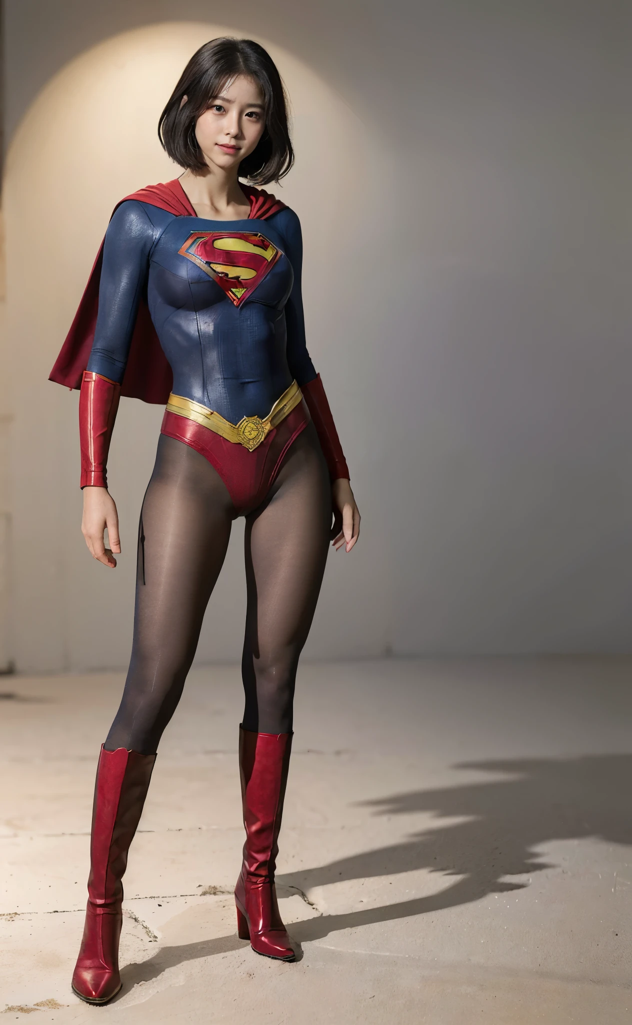 No background、(((Beautiful legs in black tights.)))、(((Legally express the beauty of your smile)))、((((Make the most of your original images)))、(((Supergirl Costume)))、(((Beautiful very short hair)))、(((suffering)))、(((Please wear black tights....、Wear red boots)))、((Best image quality、8k))、((Highest quality、8k、masterpiece:1.3))、(((Preserve background )))、Sharp focus:1.2、Beautiful woman with perfect figure:1.4、Slim Abs:1.2、Wet body:1.5、Highly detailed face and skin texture、8k