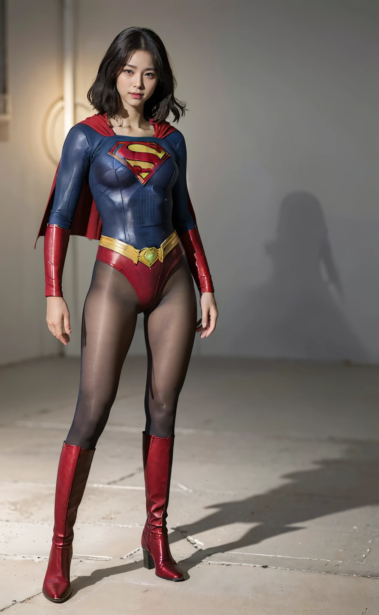 No background、(((Beautiful legs in black tights.)))、(((Legally express the beauty of your smile)))、((((Make the most of your original images)))、(((Supergirl Costume)))、(((Beautiful very short hair)))、(((suffering)))、(((Please wear black tights....、Wear red boots)))、((Best image quality、8k))、((Highest quality、8k、masterpiece:1.3))、(((Preserve background )))、Sharp focus:1.2、Beautiful woman with perfect figure:1.4、Slim Abs:1.2、Wet body:1.5、Highly detailed face and skin texture、8k