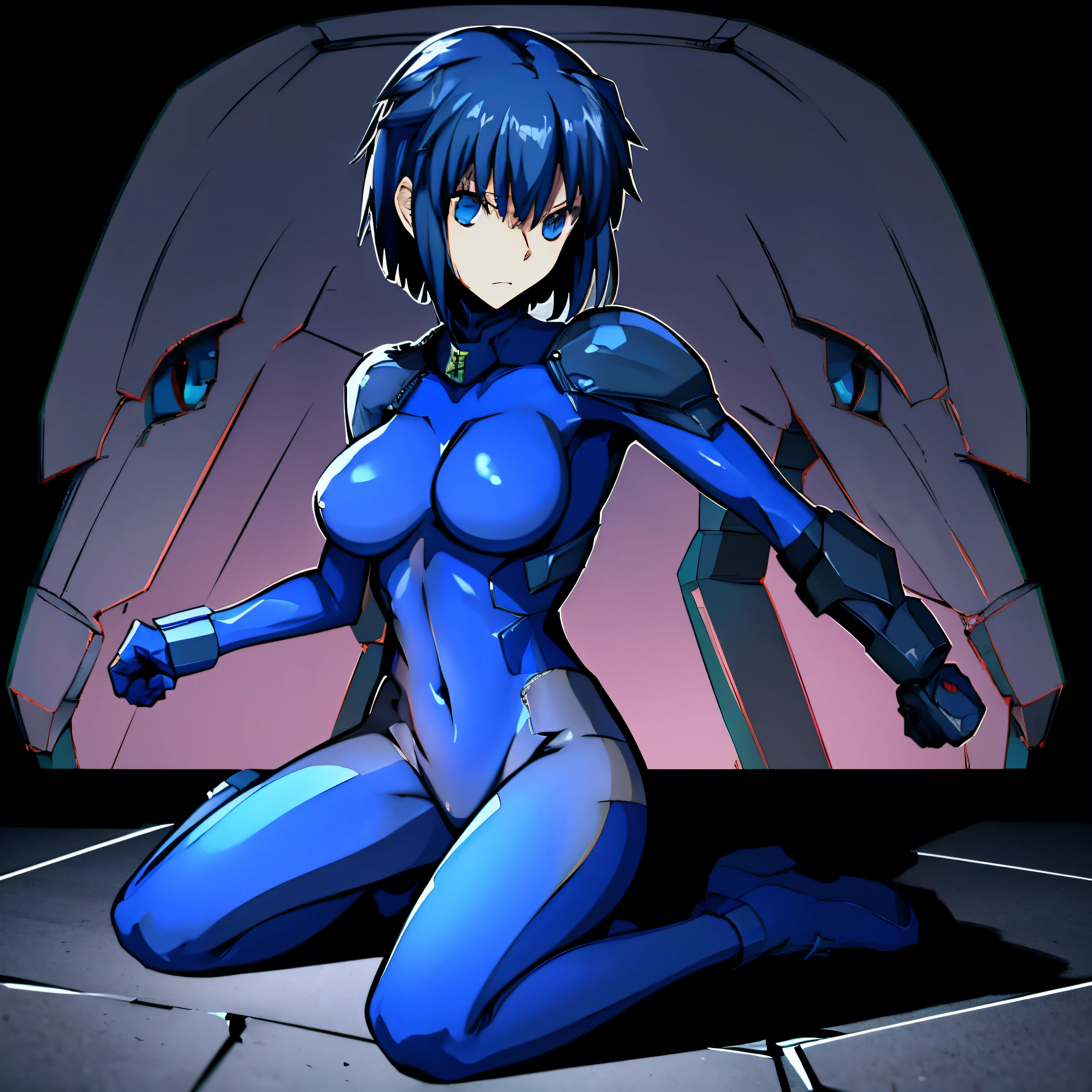 ultra-detailed, Explicit, Beautiful body, Beautiful Nose, Beautiful character design, perfect eyes, perfect face, ultra highres, 4K, beautiful legs, perfect legs, Nice hands, Perfect hand, Masterpiece, Best Quality, Highly detailed, illustration, absurdres, perfect anatomy, expressionless, blank eyes, emotionless,corruption, mind control, female combatant, full body, hypnotized, unhappy trance, full body suit, ribbed bodysuit, both arms at side, obey, perfect female body, looking at viewer, hypnosis, hypnoLora, empty eyes, Mind control device, poses, submissive_pose, Slave, Fighting Stance,numbersuit, two-tone bodysuit:0.9, blue bodysuit:0.9, light blue bodysuit:0.9, (((pixel-perfect, detail-perfect))) 1girl, solo, hair ornament, medium breast, ciel_(tsukihime), blue hair, blue eyes, short hair,
