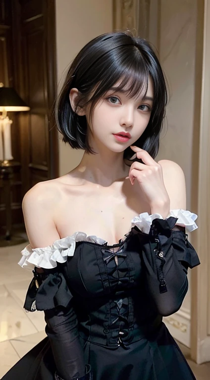 (((masterpiece))), (((Highest quality))), (((Very detailed))), Combat Action Pose, 1 female, (((Very thin body))), 18-year-old, (((short black bob, Fluffy and thick bangs))), Cosmetics Free, small, Thin Nose, small, Thin-lipped mouth, (((Very sharp focused eyes))), Large slit-shaped, Precise pale grey eyes, Shining like a jewel, Long eyelashes, ((Highly complex digital fashion, Off-the-shoulder gothic fashion, Lace and frills , Overly decorative fashion)), (((Abandoned for the night, Sophisticated virtual fires and explosions))), (((Overall accuracy has been dramatically improved, creating a Very detailed and realistic image))).