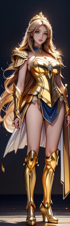 As it is,((8k, masterpiece, RAW Photos, Highest quality, Realistic, 8kを融合した高精細CG)),Attractive Russian Model、, Full Body Shot、Nata Lee, Light blonde hair, （Close-up of a woman in golden armor, 美しい模様のGold Armor, Sailor Galaxia, God Emperor of Mankind, 黄Gold Armor, Saint Seiya, Gold Paladin, Light Gold Armor, goddess, Gold Armorを着て, Wearing golden armor, Gold Armor, Wearing golden armor）, The goddesss of gold, charisma, Full-body model standing composition，The whole body shines like a diamond，Draw a gold bow