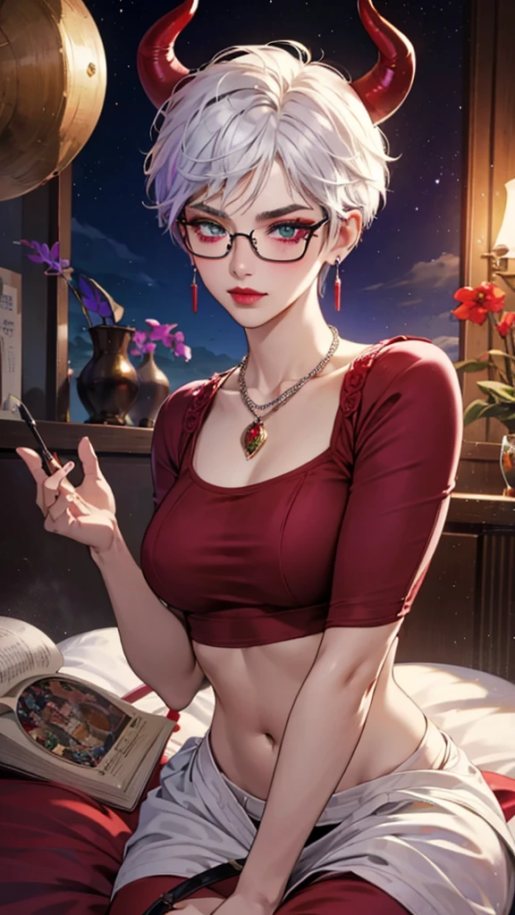 8k, masterpiece, best quality, highly detailed, 1 girl, tiefling, warlock, pixie cut, multicolored hair, very short straight hair green highlight hair on white hair, strippled hair, wearing glasses, round glasses, earrings, navel piercing, red eyeshadow, long eyelashes, blushed cheek, red lips, necklace, rings, collarbone, mole on face, glamorous, red and purple clothes, smirk, close up view, rings, looking at viewer, demon horns, solo, blue pale moon, standing, royal dress, devil books.