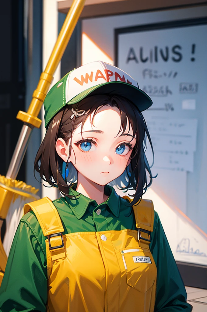 [[[[[1 female]]]]] Close up, only upper body visible, portrait, 1 female, janitor concept, janitor clothes, green clothes, jumpsuit, plain clothes, hat, wearing a baseball hat, looking bored, Holding a mop on the floor, blue eyes