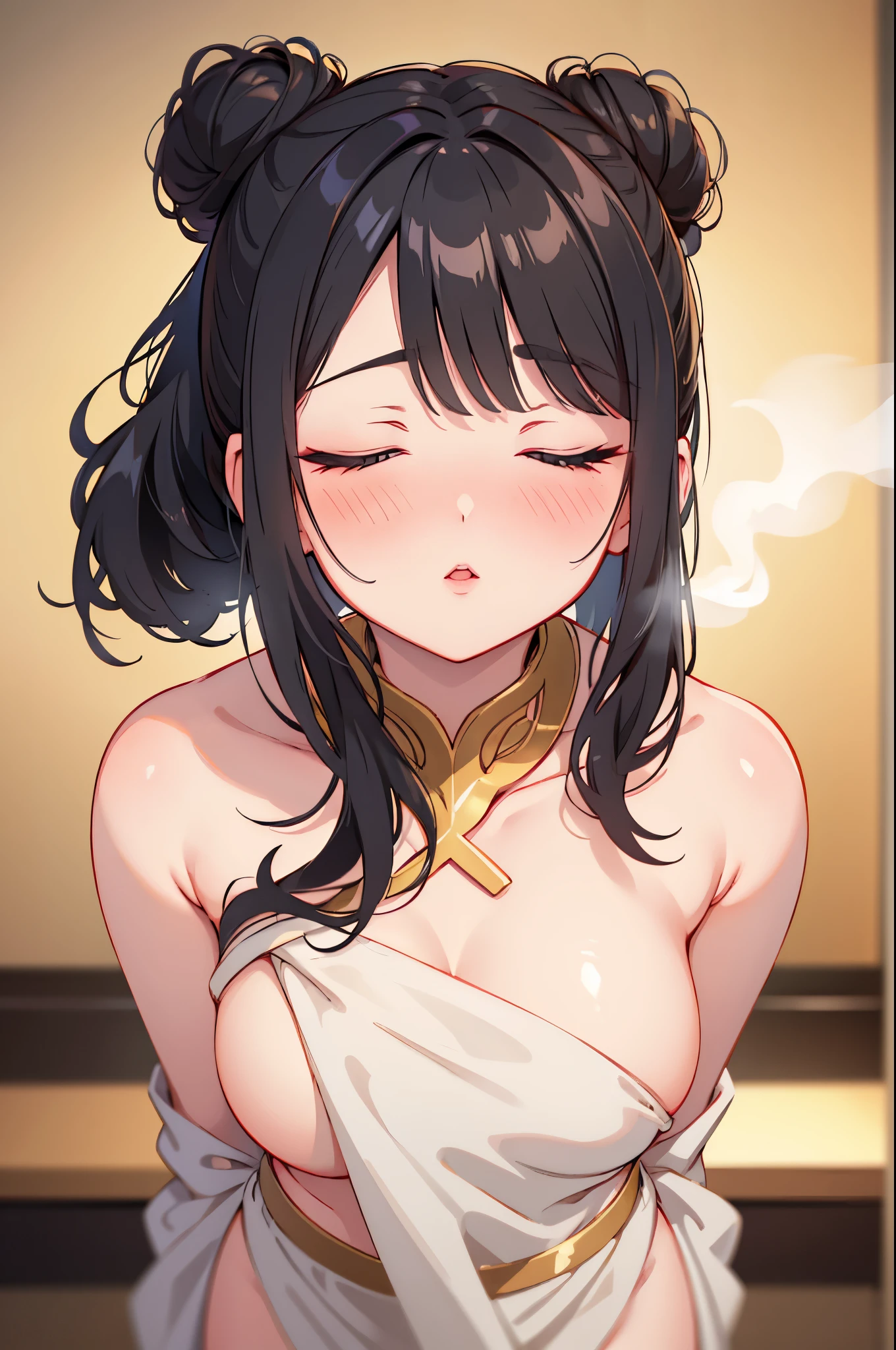 Sexy woman, black hair tied in a bun, smokey eyes, eyeliner, blushing intensely, fairest skin, (nude:1.3), plump face, soft lips, gold blouse, white saree with gold borders, pinned against a wall