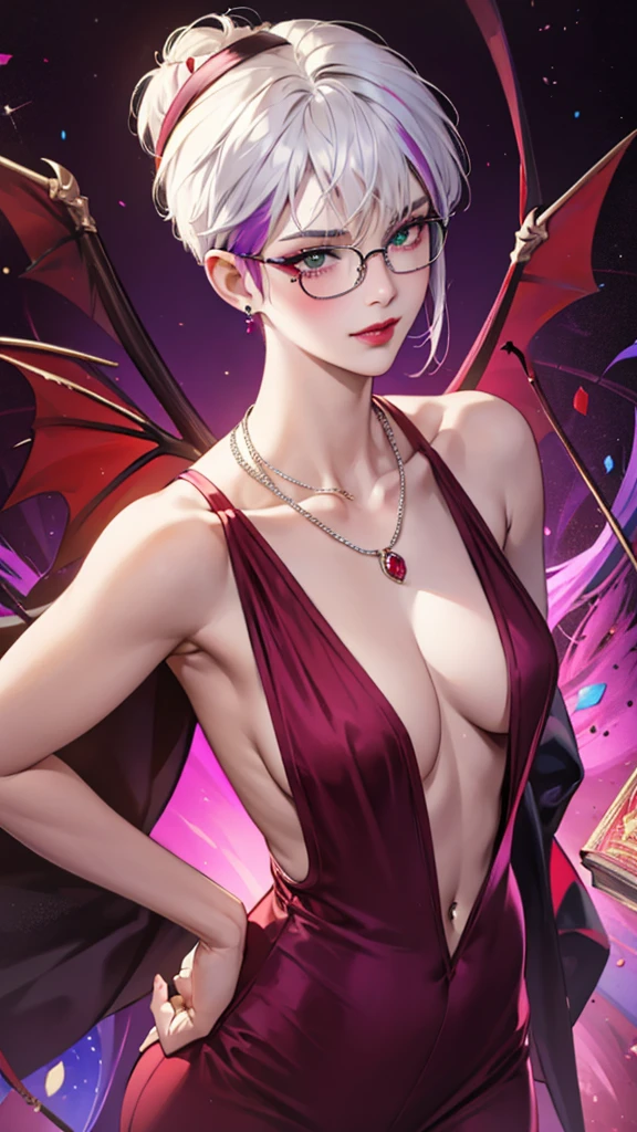 8k, masterpiece, best quality, highly detailed, 1 girl, tiefling, warlock, pixie cut, multicolored hair, very short straight hair green highlight hair on white hair, strippled hair, wearing glasses, round glasses, earrings, navel piercing, red eyeshadow, long eyelashes, blushed cheek, red lips, necklace, rings, collarbone, mole on face, glamorous, red and purple clothes, smirk, close up view, rings, looking at viewer, demon horns, solo, blue pale moon, standing, royal dress, devil books.