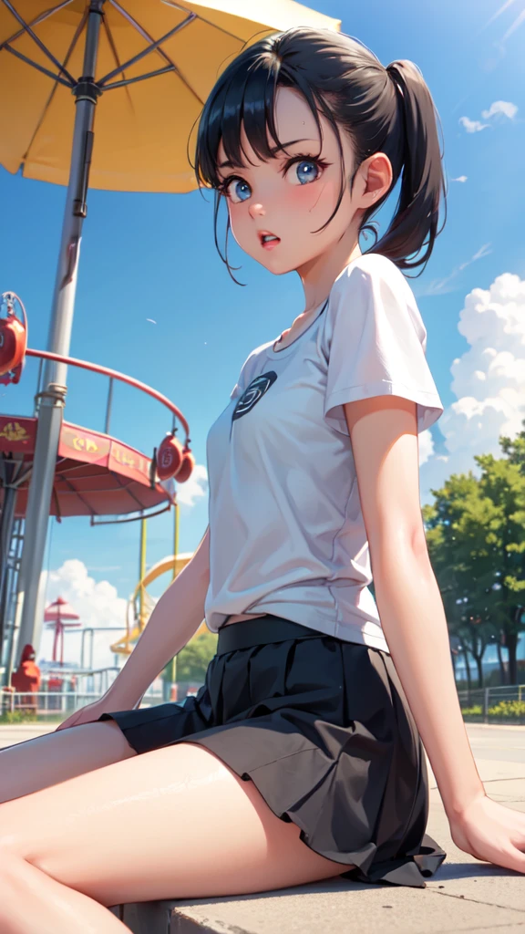 Masterpiece, top quality, white t-shirt, skirt, black hair, small breasts, girl, upper body, hot, sweating, sitting on the ground, pigtails, looking at camera, sea, summer, facing forward, legs spread, angry, amusement park