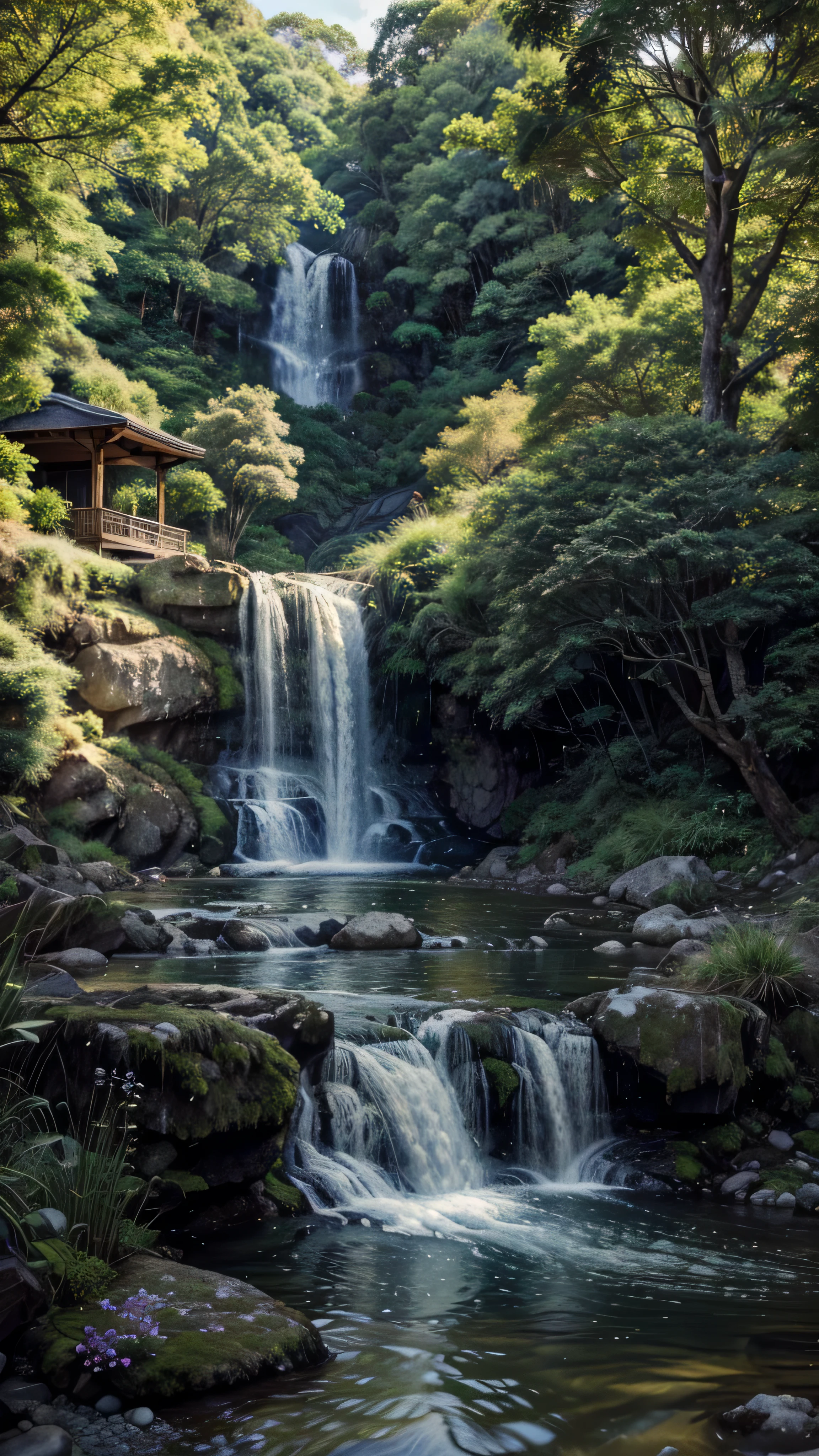 landscape with a river and a man bathing in the water, detailed scenery —width 672, detailed painting 4 k, hasui kwase, above lush garden and hot spring, scenery art work, beautiful scenery, nature wallpap,landscape,