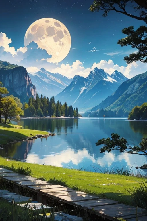 Highest quality、masterpiece、Landscape painting、Moon, Mountains and Lakes、night、Surrealism