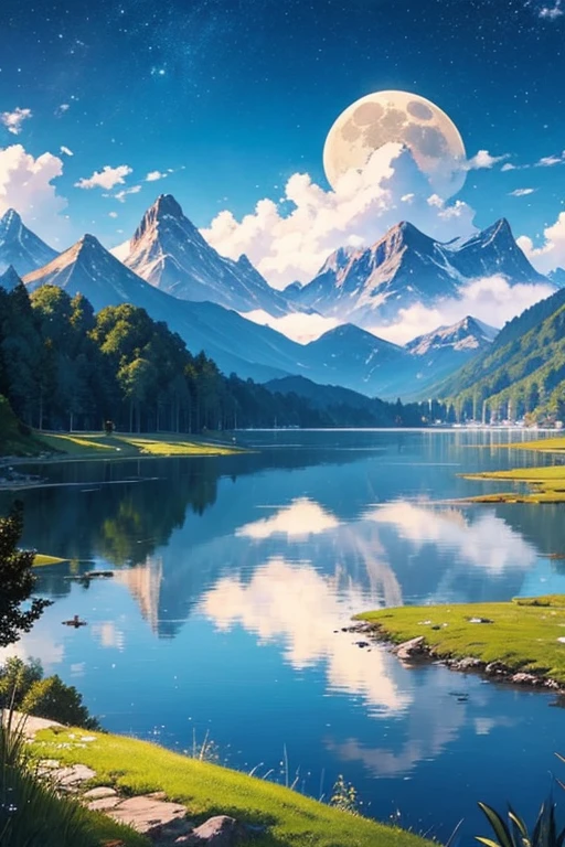 Highest quality、masterpiece、Landscape painting、Moon, Mountains and Lakes、night、Surrealism