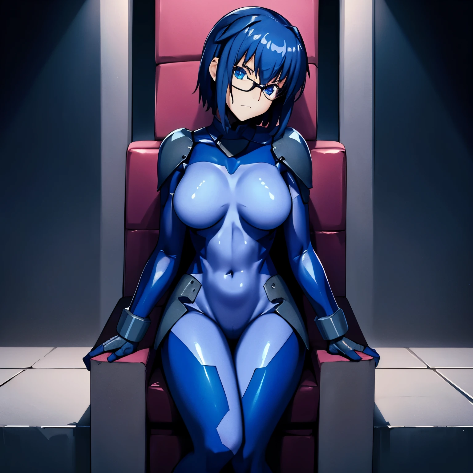 ultra-detailed, Explicit, Beautiful body, Beautiful Nose, Beautiful character design, perfect eyes, perfect face, ultra highres, 4K, beautiful legs, perfect legs, Nice hands, Perfect hand, Masterpiece, Best Quality, Highly detailed, illustration, absurdres, perfect anatomy, expressionless, blank eyes, emotionless,corruption, mind control, female combatant, full body, hypnotized, unhappy trance, full body suit, ribbed bodysuit, both arms at side, obey, perfect female body, looking at viewer, hypnosis, hypnoLora, empty eyes, Mind control device, poses, submissive_pose, Slave, Fighting Stance,numbersuit, two-tone bodysuit:0.9, blue bodysuit:0.9, light blue bodysuit:0.9, (((pixel-perfect, detail-perfect))) 1girl, solo, hair ornament, medium breast, ciel_(tsukihime), blue hair, blue eyes, short hair, glasses, (((sitting on throne, throne, sitting)))