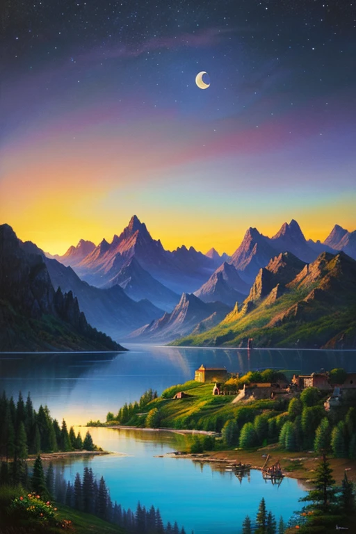 Highest quality、masterpiece、Landscape painting、Moon, Mountains and Lakes、night、Surrealism