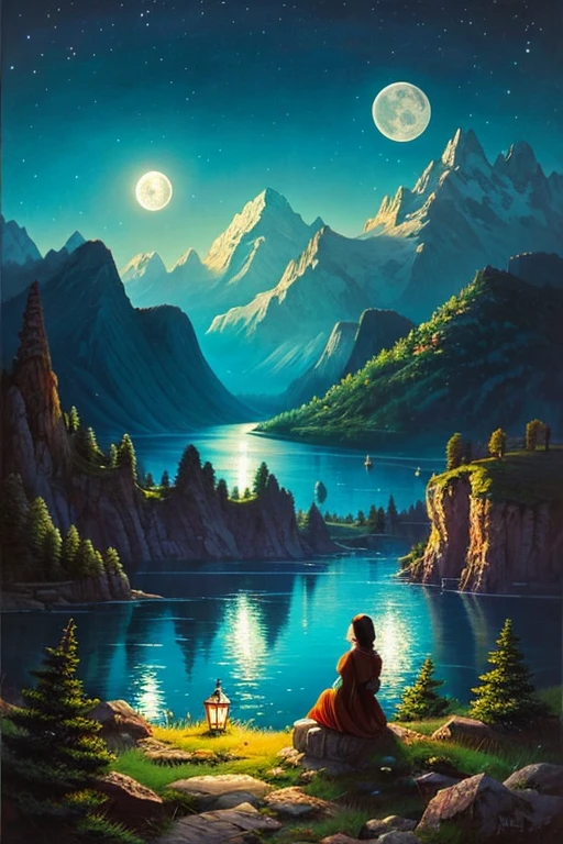 Highest quality、masterpiece、Landscape painting、Moon, Mountains and Lakes、night、Surrealism