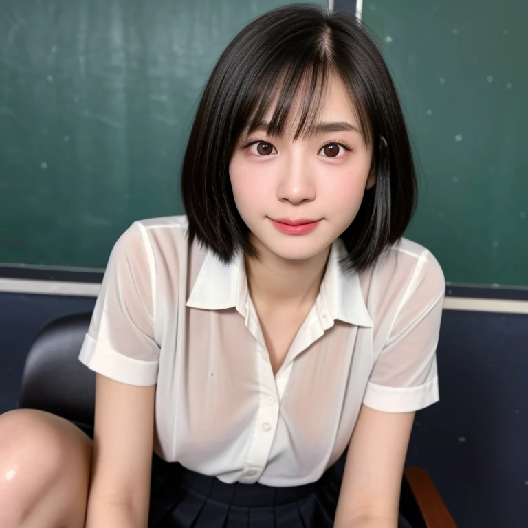 NSFW, (kawaii 18 year-old Japanese girl, Nogizaka idol, Korean idol, high), healthy female athlete body, (glossy black hair, short hair, pixie cut, bangs:1.3), (rounded face, beautiful black eyes, single eyelid, no makeup, looking at something out of frame, shy:1.5), (collared white shirt unbuttoned, visible bare breasts, pleated skirt:1.3), extra small breasts, BREAK, (classroom background, seating in the chair:1.2), (dynamic angle, cowboy shot:1.2),  BREAK, (masterpiece, best quality, photo realistic, official art:1.4), (UHD, 8K quality wallpaper, high resolution, raw photo, golden ratio:1.3), (shiny skin), professional lighting, physically based rendering, award winning, (highly detailed skin, extremely detailed face and eyes), Carl Zeiss 85 mm F/1.4, depth of field, 1girl, solo,