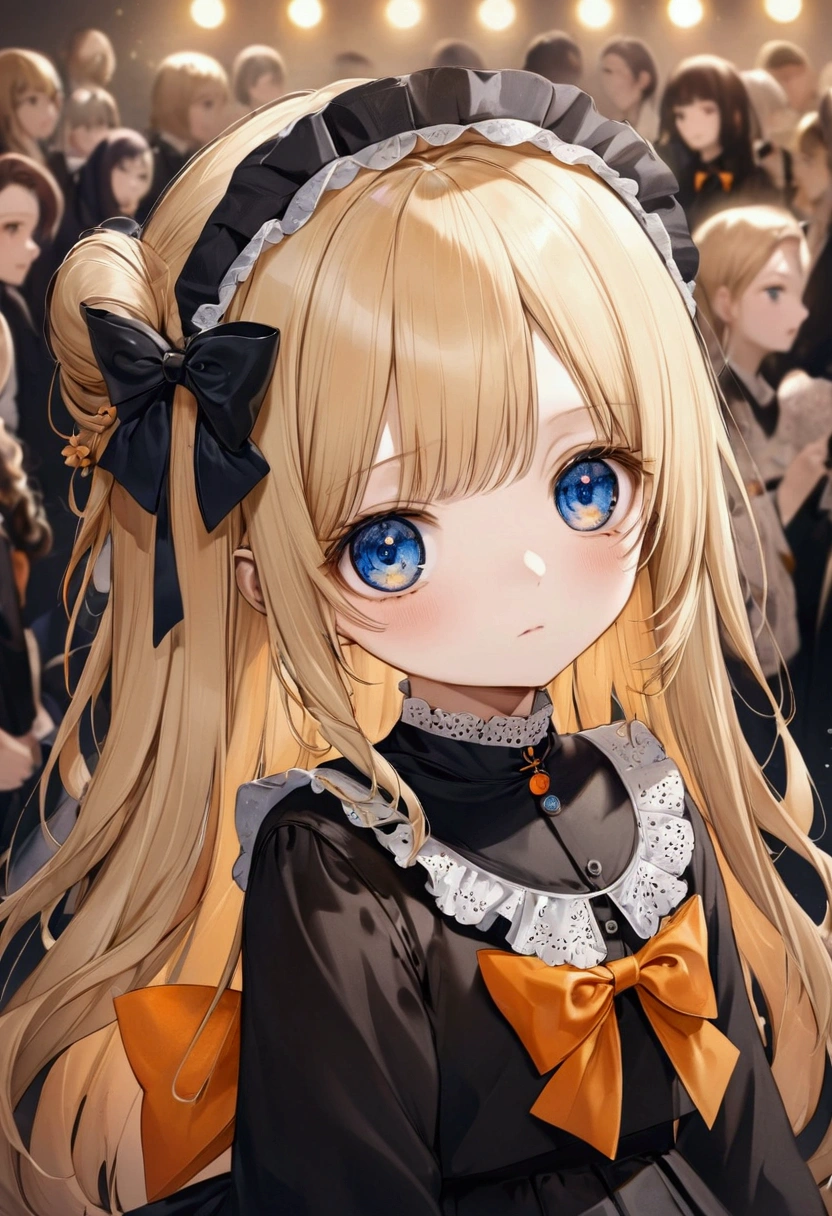 Fraction_9, Fraction_8_Direction_7_direction_6_up, 1 girl, solitary, Abigail Williams \(destiny\), bow, Blonde Hair, hair bow, black bow, blue eyes, shihakugan eyes, polka dot, Long hair, polka dot bow, Looking at the audience, have, parted Bangs, detailed complex background, Shut up, orange bow, Black headdress, Bangs, portrait, forehead, symbol, black skirt, multiple hair bows, skirt
