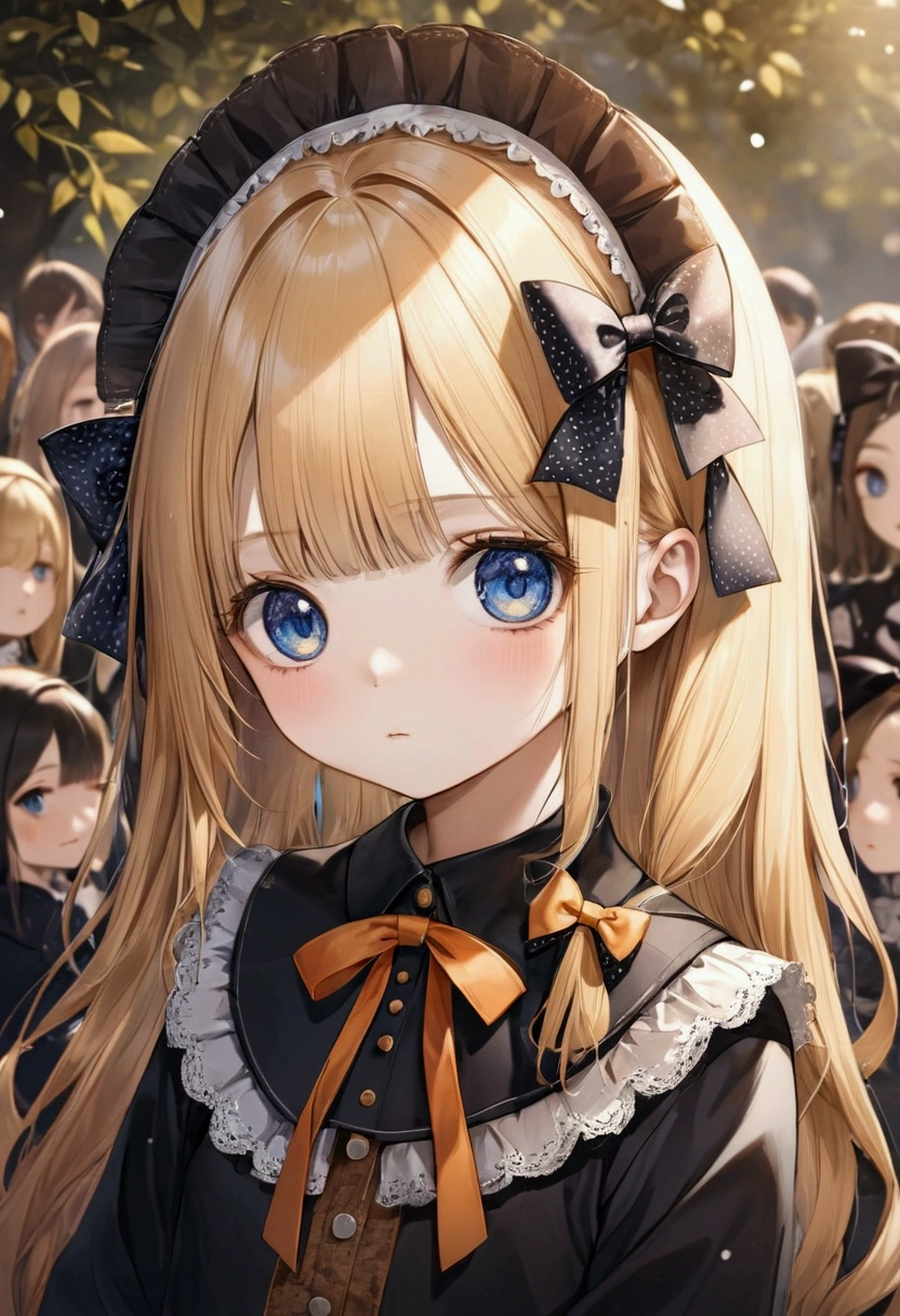 Fraction_9, Fraction_8_Direction_7_direction_6_up, 1 girl, solitary, Abigail Williams \(destiny\), bow, Blonde Hair, hair bow, black bow, blue eyes, shihakugan eyes, polka dot, Long hair, polka dot bow, Looking at the audience, have, parted Bangs, detailed complex background, Shut up, orange bow, Black headdress, Bangs, portrait, forehead, symbol, black skirt, multiple hair bows, skirt