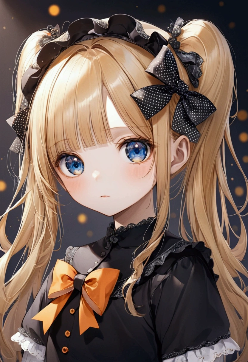 Fraction_9, Fraction_8_Direction_7_direction_6_up, 1 girl, solitary, Abigail Williams \(destiny\), bow, Blonde Hair, hair bow, black bow, blue eyes, shihakugan eyes, polka dot, Long hair, polka dot bow, Looking at the audience, have, parted Bangs, detailed complex background, Shut up, orange bow, Black headdress, Bangs, portrait, forehead, symbol, black skirt, multiple hair bows, skirt