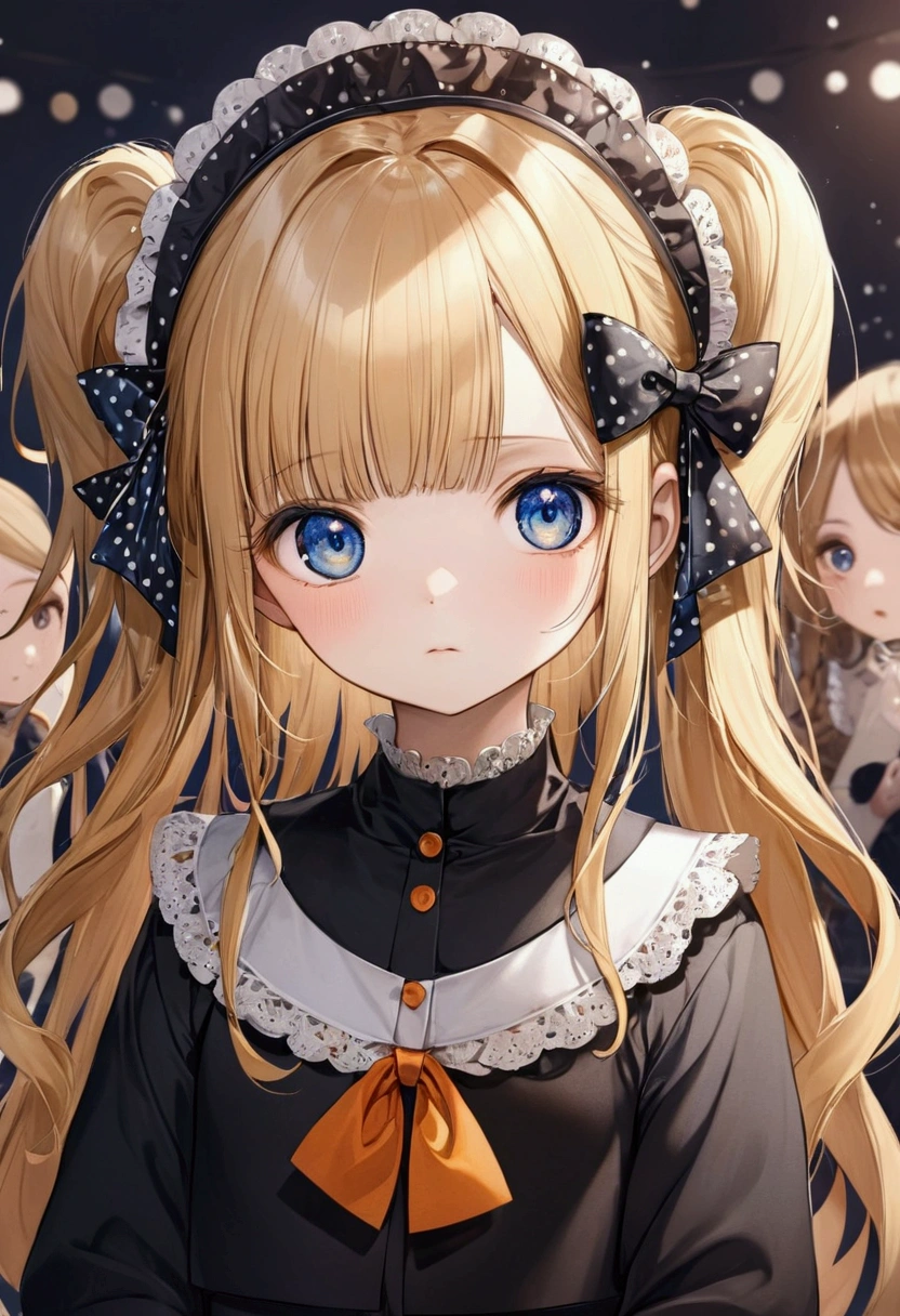 Fraction_9, Fraction_8_Direction_7_direction_6_up, 1 girl, solitary, Abigail Williams \(destiny\), bow, Blonde Hair, hair bow, black bow, blue eyes, shihakugan eyes, polka dot, Long hair, polka dot bow, Looking at the audience, have, parted Bangs, detailed complex background, Shut up, orange bow, Black headdress, Bangs, portrait, forehead, symbol, black skirt, multiple hair bows, skirt