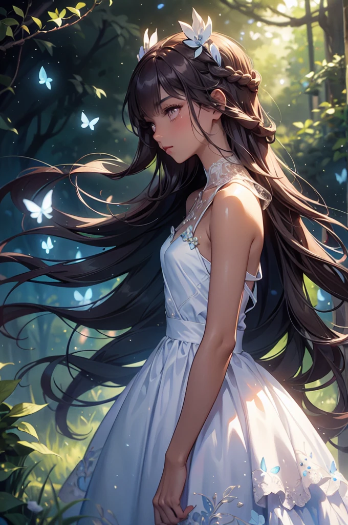 Create an illustration of a young woman standing in a mystical forest during twilight. The woman has long, wavy auburn hair that catches the soft, glowing light of surrounding fireflies. Her hair is adorned with a delicate blue ribbon and a braid intertwined within it. She wears a flowing white dress with blue floral patterns, which gently sways with the evening breeze.The forest around her is lush and verdant, with tall trees and dense foliage, creating a serene and enchanting atmosphere. Small blue butterflies and ethereal fireflies illuminate the scene with their soft, luminescent glow. The background hints at the deep woods, with shadows playing around, adding depth and a sense of mystery.The woman's expression is serene, and she seems lost in thought, her profile highlighted by the gentle, magical light. The overall mood of the illustration is one of peaceful contemplation and otherworldly beauty.