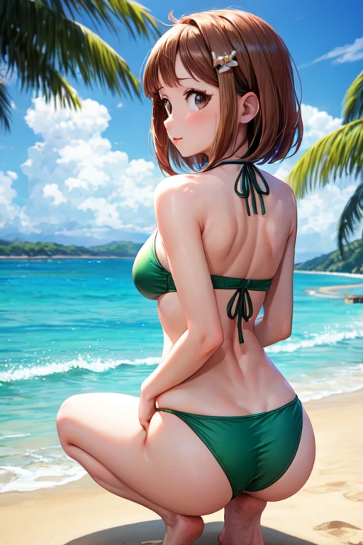 Ochako Uraraka - brown eyes, shoulder-length hair, At the Beach, Squat with your back turned, Green Bikini, You can see the sea in the background, Wave, blue sky, sunny day.