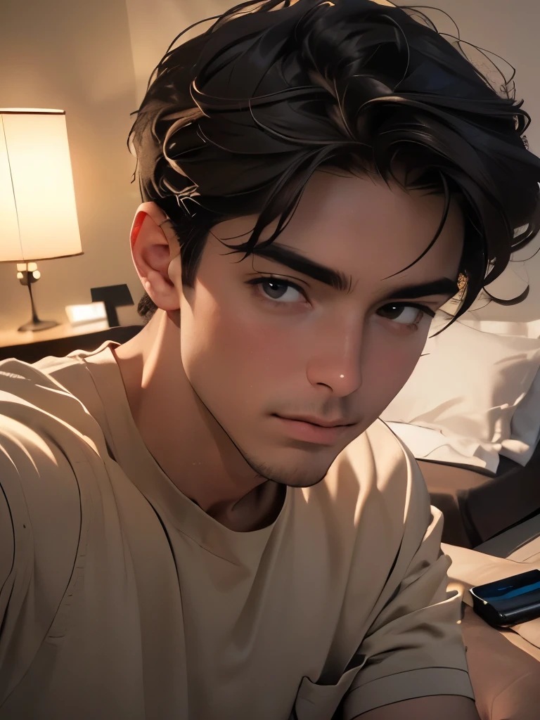 (highest quality,4K,8K,High resolution,masterpiece:1.2),super detailed,(realistic,photorealistic,photo-realistic:1.37),figure,Lonely man,late 20s,Upper body,brown hair,brown eyes,Reach out and take a selfie with your smartphone,dynamic angle,wearing pajamas,overhead view,background on the bed,Are sleeping,smartphone screen